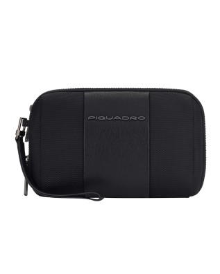  Piquadro - Pochette a due scomparti in pelle e tessuto con