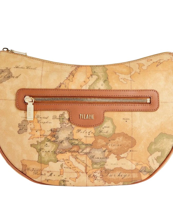 Alviero Martini Prima Classe - Borsa a tracolla mezzaluna in tessuto goffrato Geo Classic