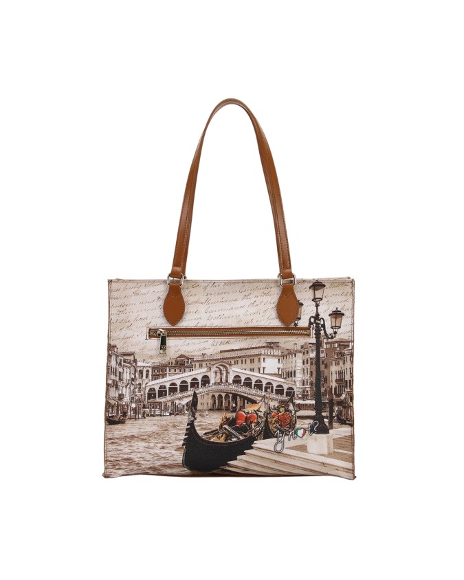  Ynot - Borsa shopping squadrata in ecopelle stampa città Yesbag