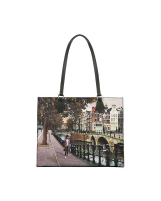  Ynot - Borsa shopping squadrata in ecopelle stampa città Yesbag
