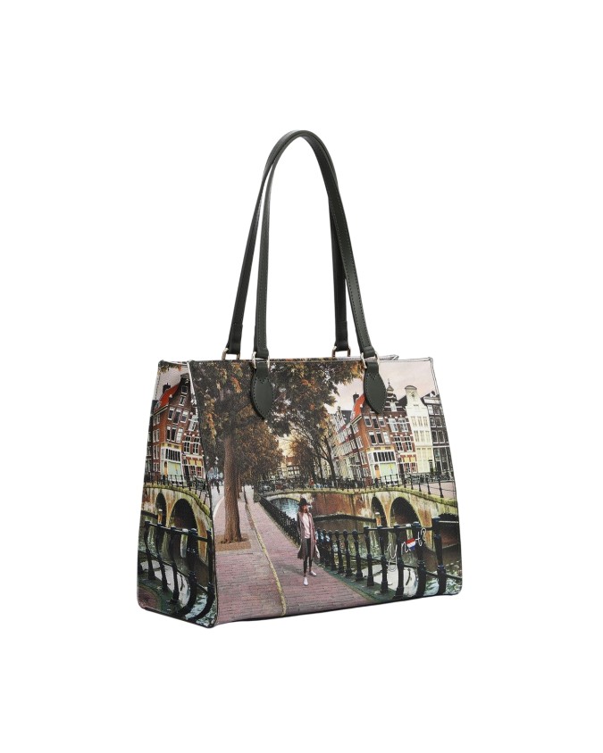 Ynot - Borsa shopping squadrata in ecopelle stampa città Yesbag