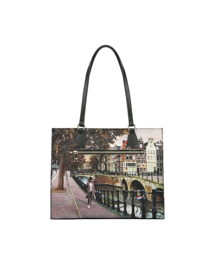 Ynot - Borsa shopping squadrata in ecopelle stampa città Yesbag