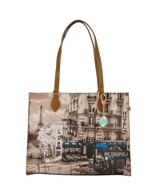  Ynot - Borsa shopping squadrata in ecopelle stampa città Yesbag