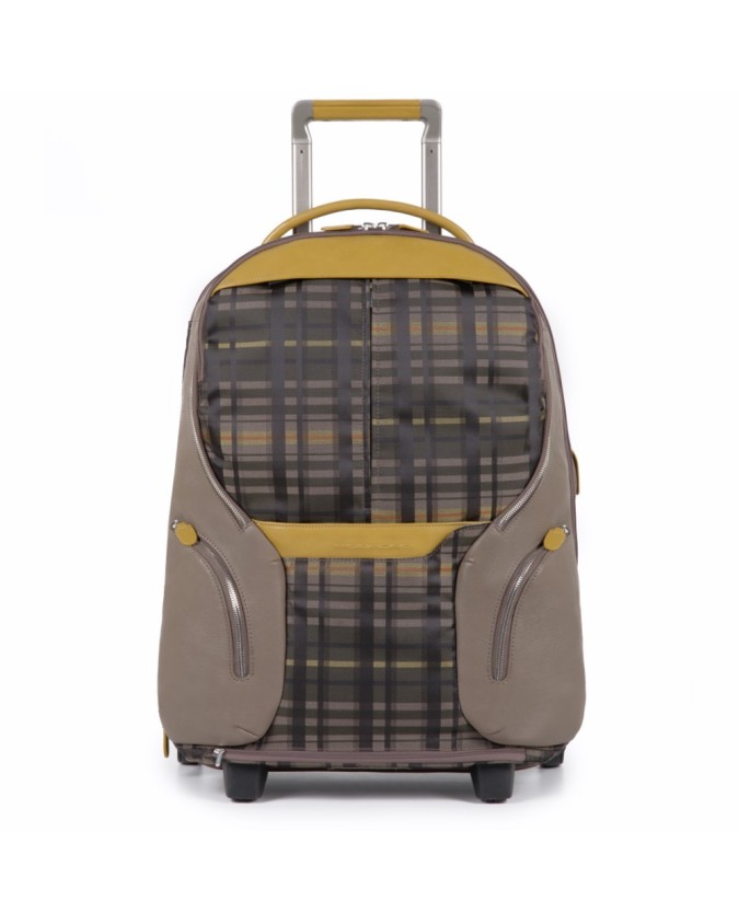 PIQUADRO - Zaino Trolley cabin 2 ruote in tessuto e pelle - Check -
