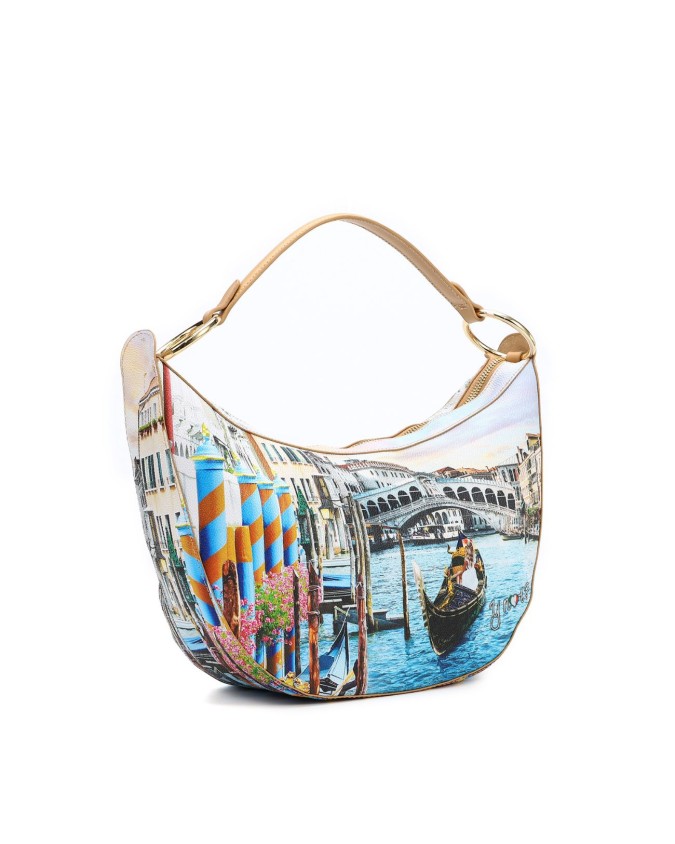 Ynot - Borsa a spalla mezzaluna in ecopelle stampa città Yesbag
