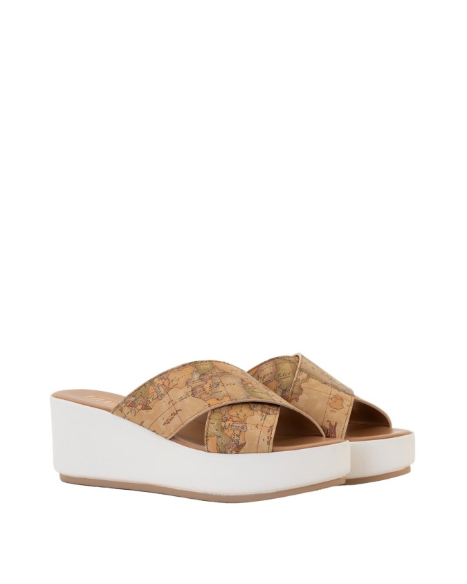 Alviero Martini Prima Classe - Sandali zeppa incrociati in eco nappa Geo Classic