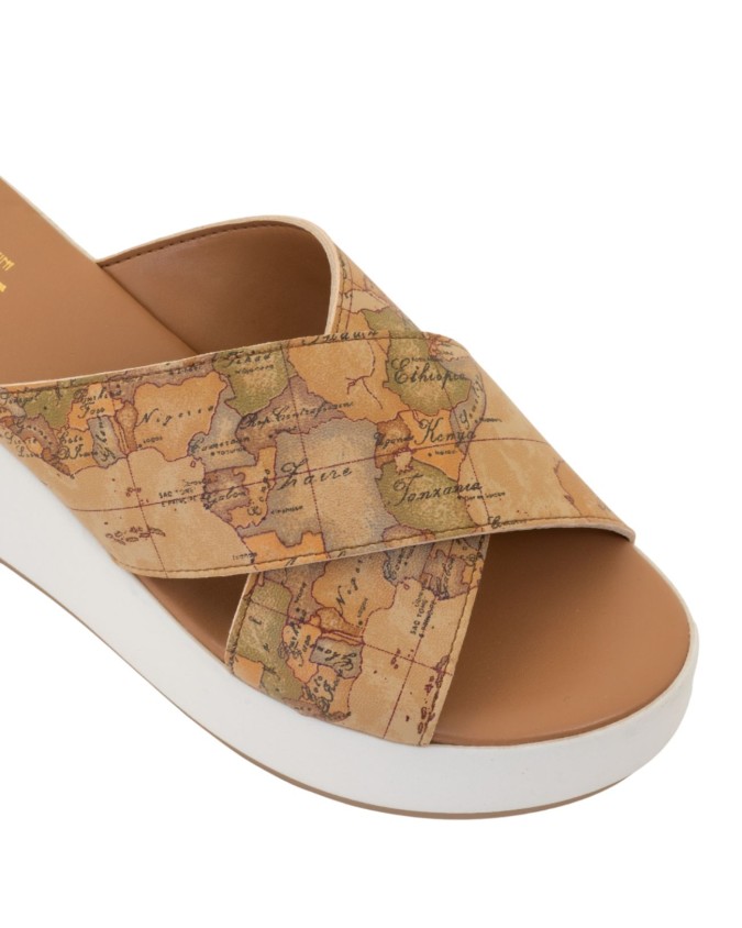 Alviero Martini Prima Classe - Sandali zeppa incrociati in eco nappa Geo Classic