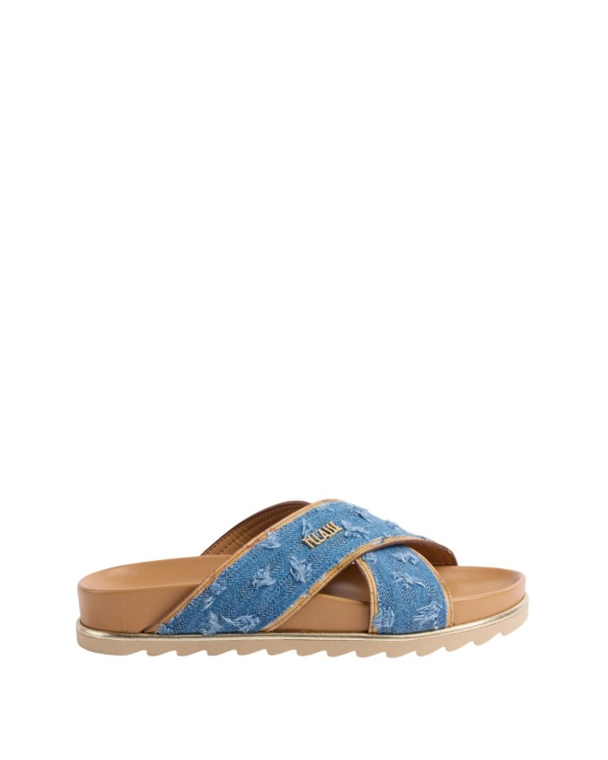 Alviero Martini Prima Classe - Sandali incrociati in denim sfilacciato logo 1ᴬ Classe