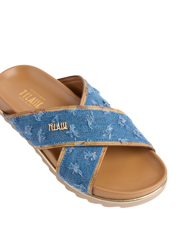 Alviero Martini Prima Classe - Sandali incrociati in denim sfilacciato logo 1ᴬ Classe