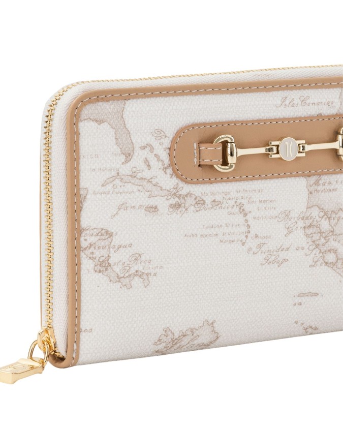 Alviero Martini Prima Classe - Portafoglio zip around in tessuto goffrato con morsetto Geo White