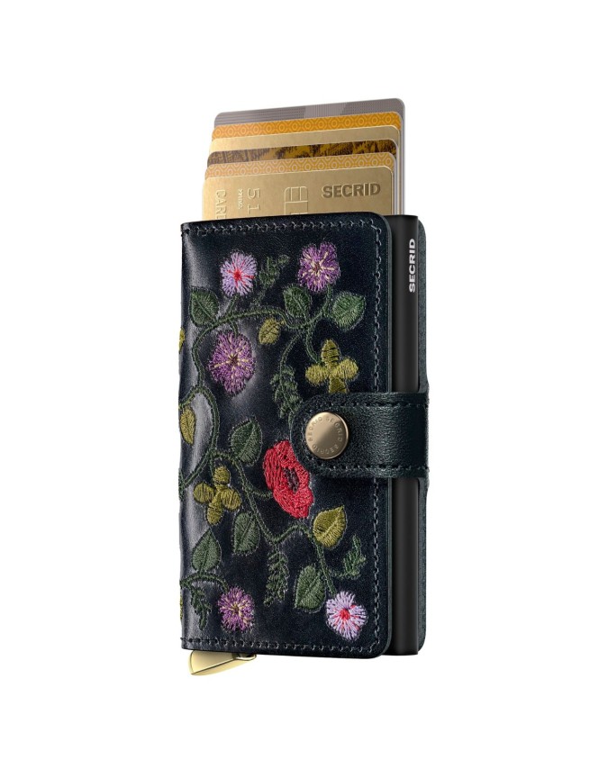 Secrid - Miniwallet in pelle e alluminio Stitch Floral Plus