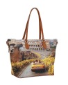 Ynot - Size M Shopping Bag in Faux Leather with "City" Print by