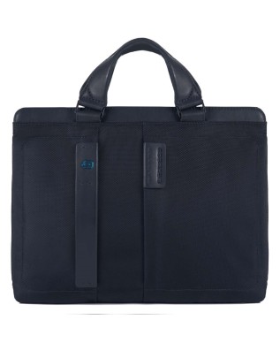 PIQUADRO - Cartella due manici sottile in tessuto e pelle - Blu