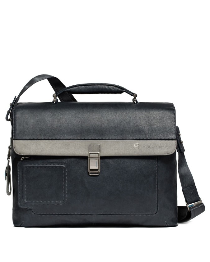 PIQUADRO - Cartella una chiusura,due soffietti in pelle - Blu/Grigio -
