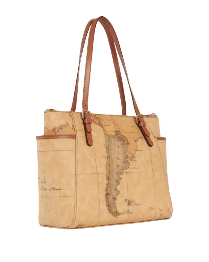 Alviero Martini Prima Classe -  Shopping bag con fibbie in pelle naturale e tessuto goffrato Geo Classic
