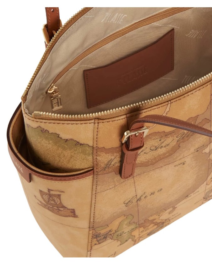 Alviero Martini Prima Classe -  Shopping bag con fibbie in pelle naturale e tessuto goffrato Geo Classic