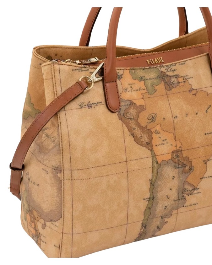 Alviero Martini Prima Classe - Borsa a tre tasche in pelle naturale e tessuto goffratoGeo Classic