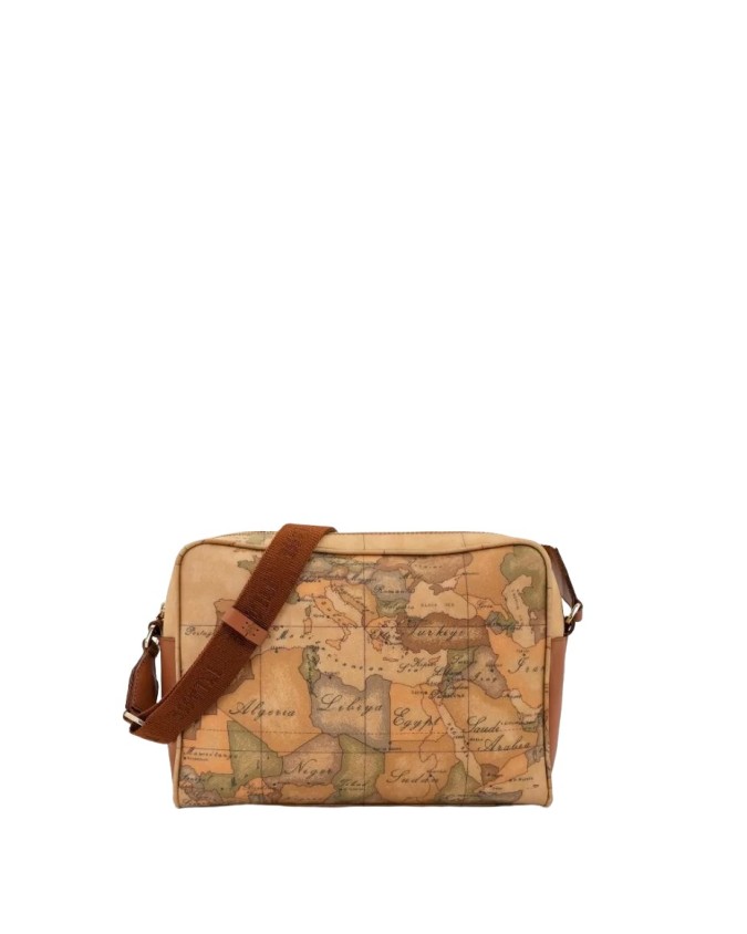 Alviero Martini Prima Classe - Borsa a tracolla media in pelle naturale e tessuto goffrato Geo Classic