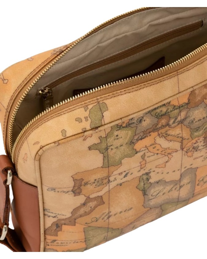 Alviero Martini Prima Classe - Borsa a tracolla media in pelle naturale e tessuto goffrato Geo Classic